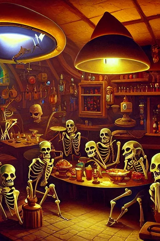 Prompt: classic oil painting, a flying saucer ufo spacecraft, inside a cluttered medieval tavern, skeletons, highly detailed, digital illustration, concept art, smooth, sharp focus, art by tim hildebrandt, and greg hildebrandt