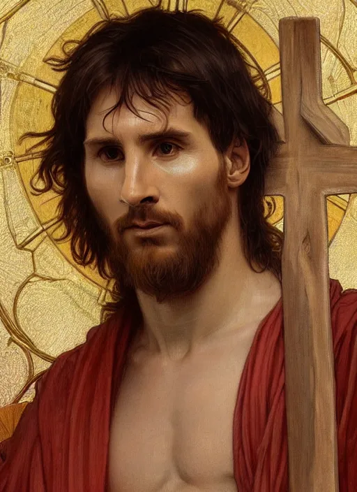 Prompt: portrait lionel messi as jesus ´ s crucifixion, full length shot, shining, 8 k highly detailed, sharp focus, illustration, art by artgerm, mucha, bouguereau