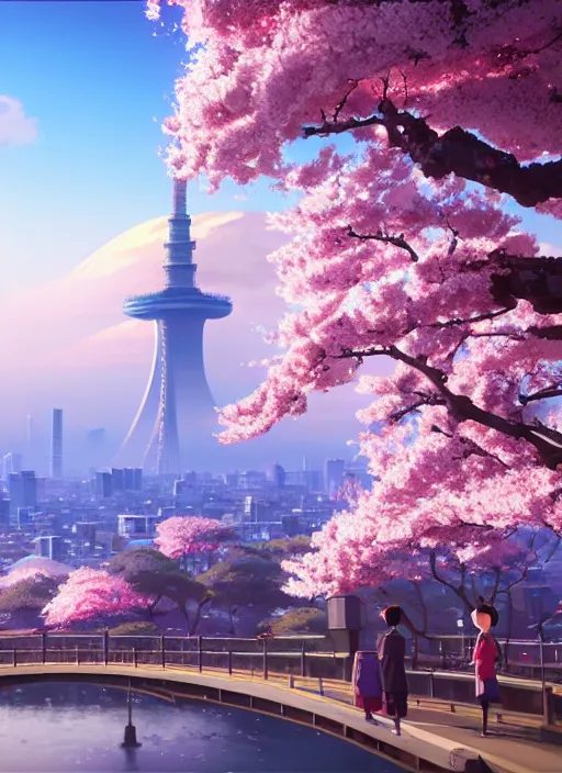 Image similar to a wholesome animation key shot, tokyo city in the background, cherry blossoms in the foreground, studio ghibli, pixar and disney animation, sharp, rendered in unreal engine 5, anime key art by greg rutkowski, bloom, dramatic lighting