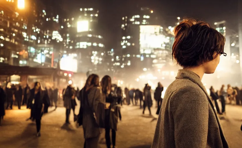 Image similar to a wide shot of a woman with a wool suit, very short dark hair, blurred face, wearing an omega speedmaster on her wrist in front of a crowded dystopian city full of people walking at night with fog and cyberpunk lights