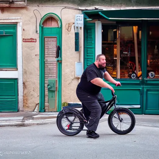 Prompt: fat italian man eating a bicycle