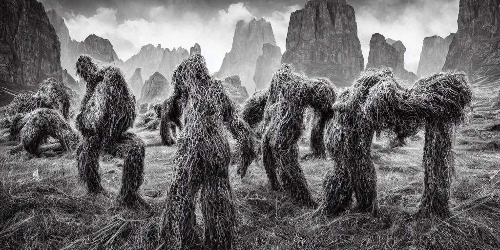 Image similar to photography of wood hay monsters, edelweiss growing from their head, forest, dolomites, alpine, detailed intricate insanely detailed octane render, 8k artistic 1920s photography, photorealistic, black and white, chiaroscuro, hd, by David Cronenberg, Raphael, Caravaggio