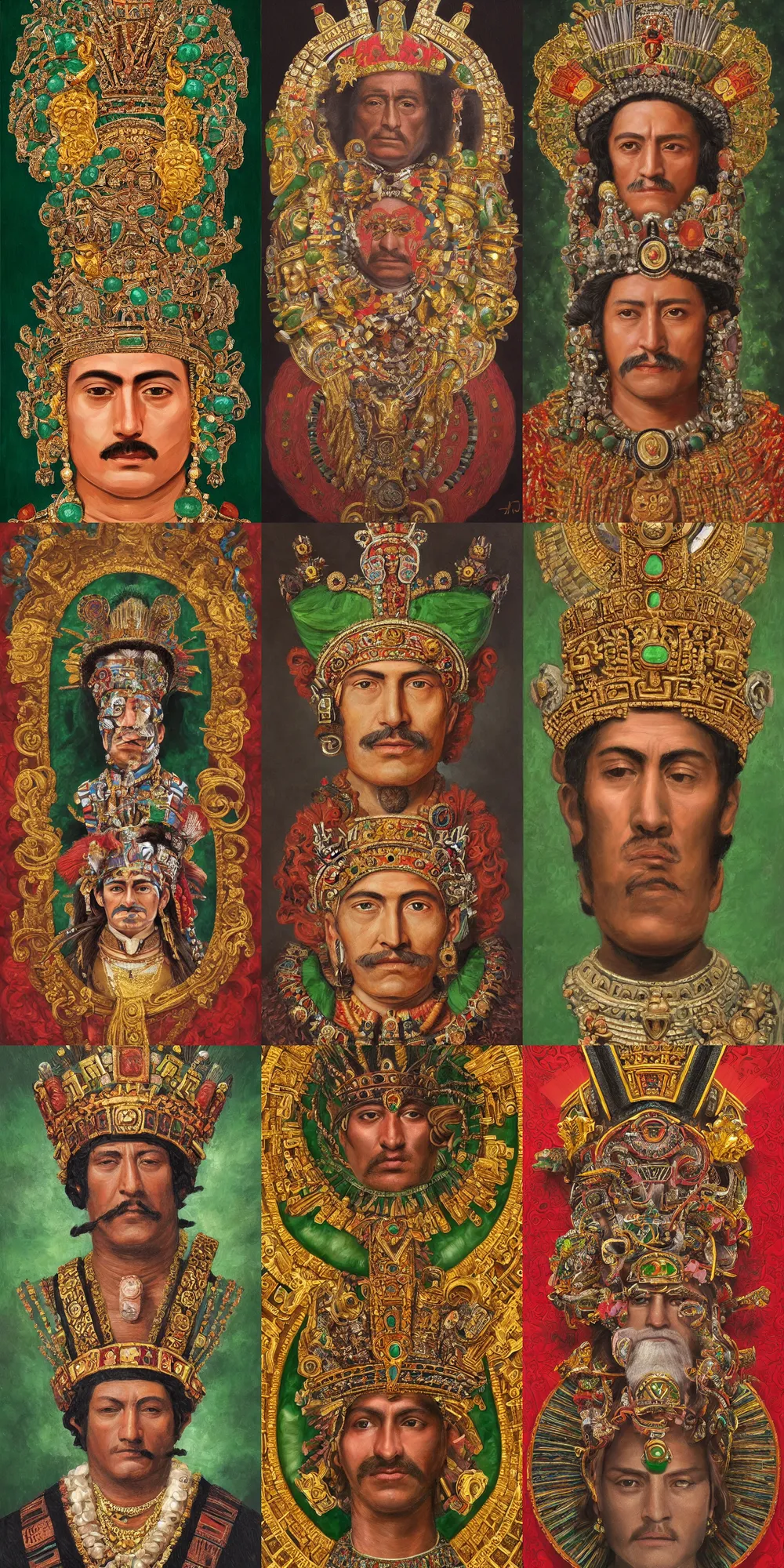 Prompt: a highly detailed romantic period style portrait of the head of Aztec emperor Montezuma wearing a Jade and gold crown, by Josep Tapiró Baró, trending on artstation, oil painting masterpiece, symmetry, fractals, Aztec iconography