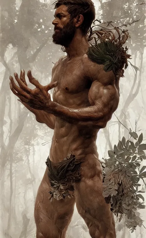 Image similar to god of the forest, 30 years old, rugged, male, gorgeous, detailed face, detailed hands!!!!!!, amazing, thighs!!!!!!, muscular, intricate, highly detailed, digital painting, artstation, concept art, sharp focus, illustration, art by greg rutkowski and alphonse mucha