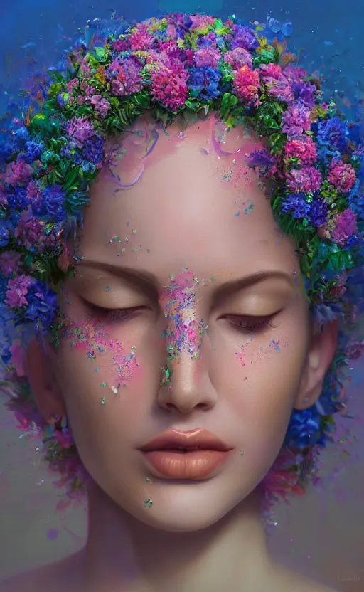 Prompt: a beautiful oil painting hyperrealism of a beautiful woman, close up face, flowers, floral headdress, 8 k resolution, octane render, trending on artstation, by gediminas pranckevicius, volumetric light 2 blue fractal thunder glow by dan mumford, anaglyph effect, laurie lipton