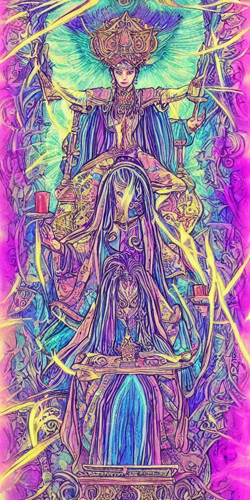 Image similar to a mystical woman priestess sitting on a throne, the divine feminine, drawn by studio UFOTABLE, psychedelic, fine line work, pastel colors, Tarot cards. The empress tarot card