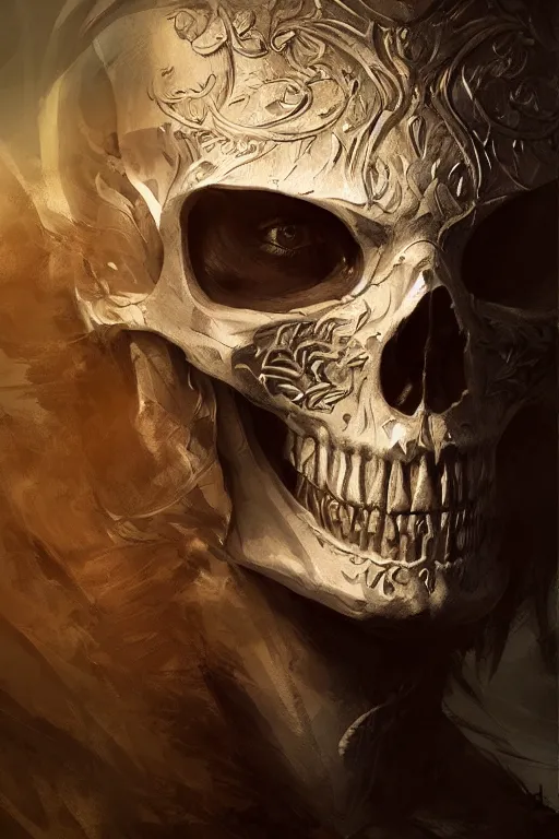 Image similar to avalon skull, close - up portrait, powerfull, intricate, elegant, volumetric lighting, scenery, digital painting, highly detailed, artstation, sharp focus, illustration, concept art, ruan jia, steve mccurry