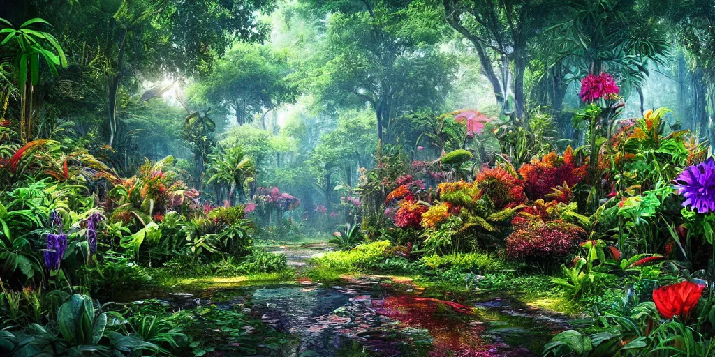 Prompt: An alien jungle, colorful flowers, pathway, reflection, rain, morning light, photorealistic, realistic, high definition, soft light, high definition, detailed, 8k, artstation