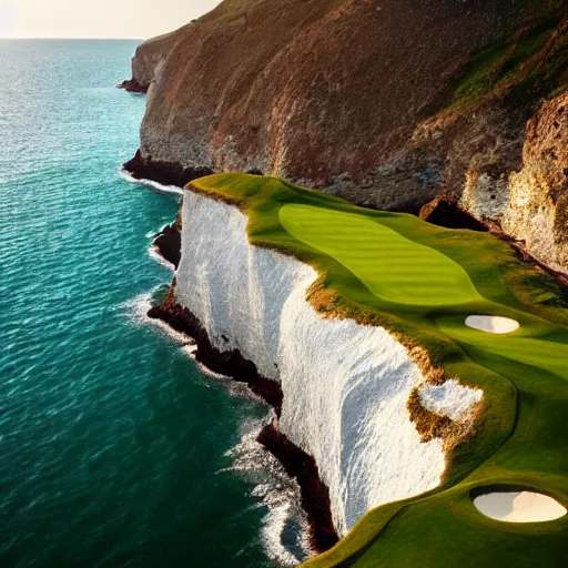 Image similar to a great photograph of the most amazing golf hole in the world, cliffs by the sea, perfect green fairway, human perspective, ambient light, 5 0 mm, golden hour