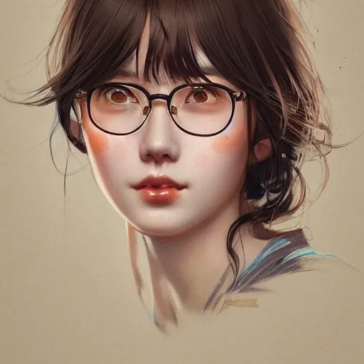 Prompt: a seductive twenty year old japaese girl with freckles, glasses, fully clothed, portrait, highly detailed, digital painting, artstation, concept art, sharp focus, illustration, cinematic lighting, art by artgerm and greg rutkowski and alphonse mucha