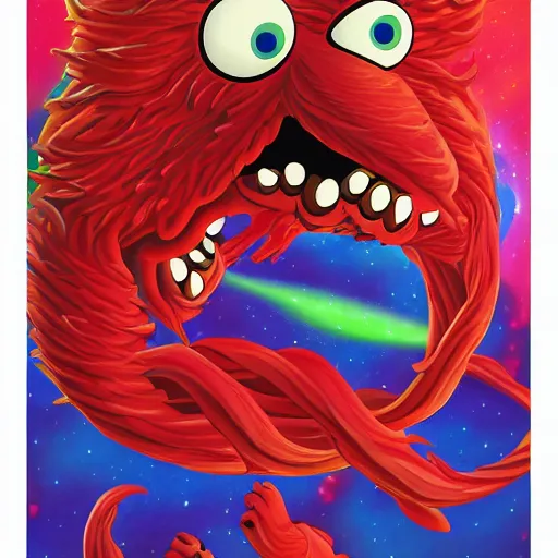 Prompt: painting of a twisting, looping, abomination of a creature, space demon Elmo from the Sesame Street dimension, high quality, 4k, featured on ArtSpace