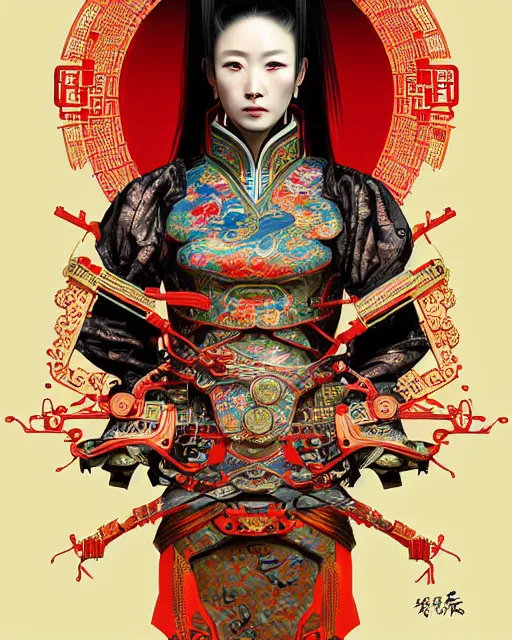 Image similar to portrait of a chinese cyberpunk machine, machine face, arms, upper half portrait, decorated with chinese opera motifs, regal, asian, fine china, wuxia, traditional chinese art intricate intense elegant 京 剧 highly detailed digital painting artstation concept art smooth sharp focus illustration, art by artgerm and greg rutkowski alphonse mucha 8 k