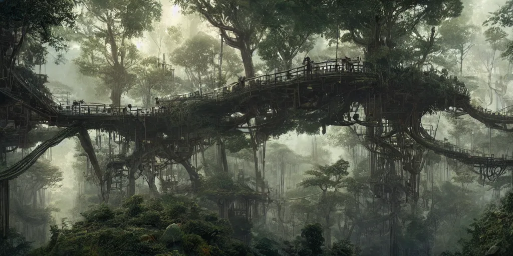 Image similar to a vast treehouse city built in an ancient forest, rope bridges, greg rutkowski, 8 k, shallow depth of field, intricate detail, concept art,