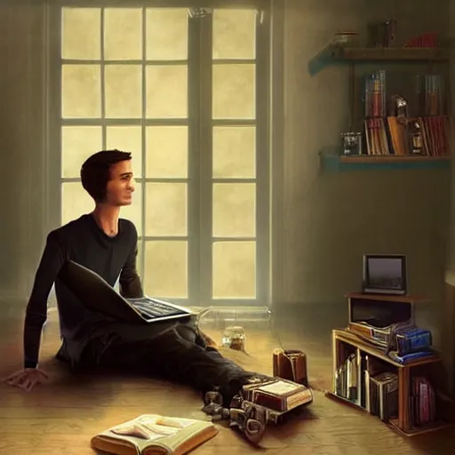 Image similar to a skinny computer nerd guy sitting on the floor of his room, crossed legs, laptop, smartphone, video games, tv, books, potions, jars, shelves, knick knacks, tranquil, calm, sparkles in the air, magic aesthetic, fantasy aesthetic, by stanely artgerm, tom bagshaw, arthur adams, cane griffiths, trending on deviantart, street art, face enhance, chillwave, maximalist