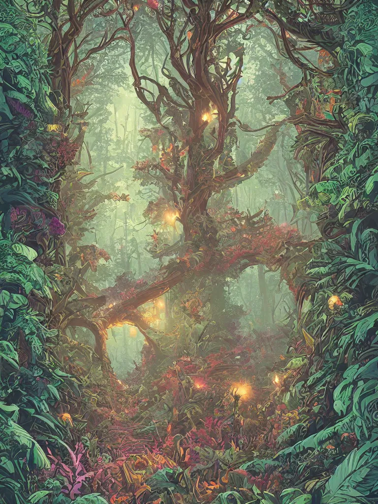 Prompt: a tarot card illustration depicting a path through a mysterious magical forest, large trees, ferns flowers, by dan mumford and anton fadeev, intricate
