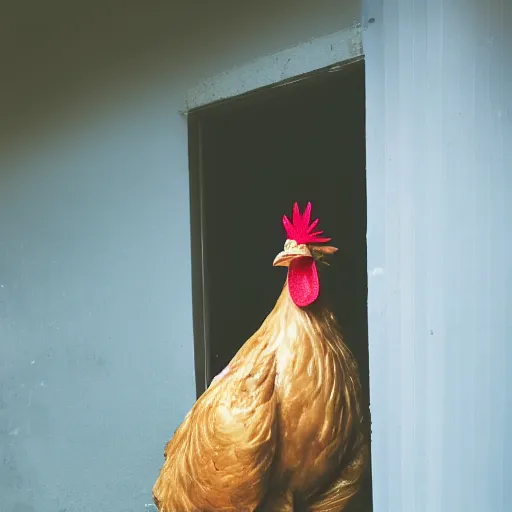 Prompt: man dressed as a chicken hiding behind a corner