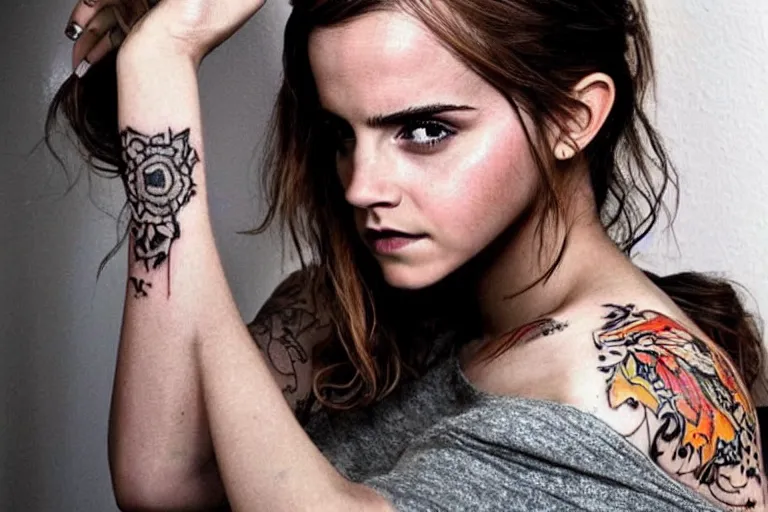 Image similar to emma watson, dope tattoo, hyperrealistic