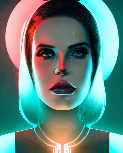 Image similar to portrait of lana del rey as a cyborg. intricate abstract. intricate artwork cyberpunk by tooth wu, wlop, beeple, dan mumford. octane render, trending on artstation, greg rutkowski very coherent symmetrical artwork. cinematic, hyper realism, high detail, octane render, 8 k, blue and pink iridescent accents