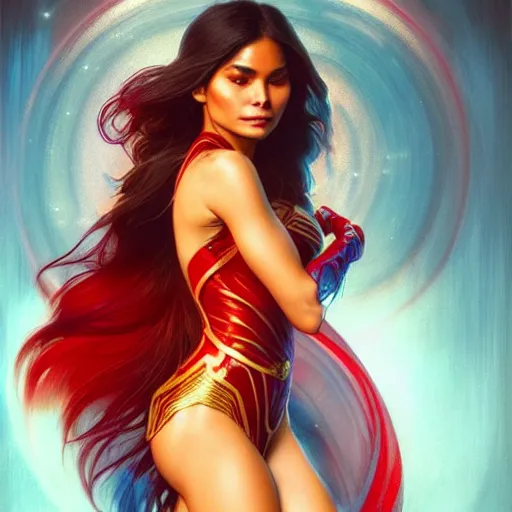 Image similar to lovi poe as darna, volumetric lights, red and cyan theme, art nouveau botanicals, intricate, highly detailed, digital painting, artstation, concept art, smooth, sharp focus, cinematic, illustration, beautiful face, art by artgerm and greg rutkowski and alphonse mucha