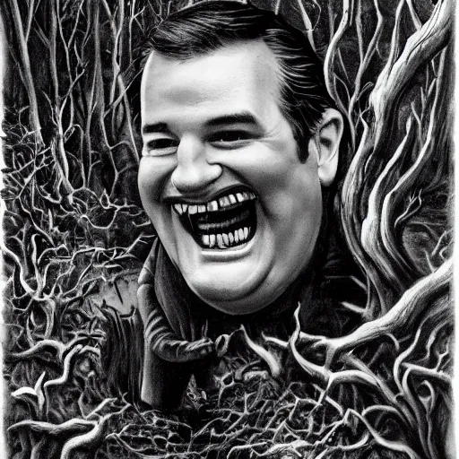 Image similar to Ted Cruz with a wide grin chases you through a dark forest, black and white, creepy lighting, scary, horror, ornate, eerie, fear, oil painting