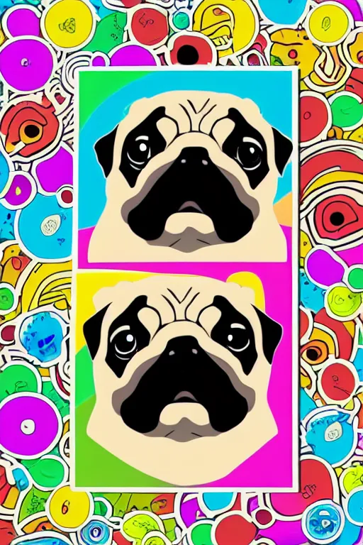 Image similar to Portrait of a pug as big as the world, sticker, colorful, illustration, highly detailed, simple, smooth and clean vector curves, no jagged lines, vector art, smooth