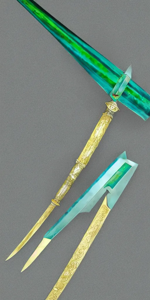 Image similar to photograph of a wide green and teal crystal double - edged sword blade attached to a big gold sword hilt