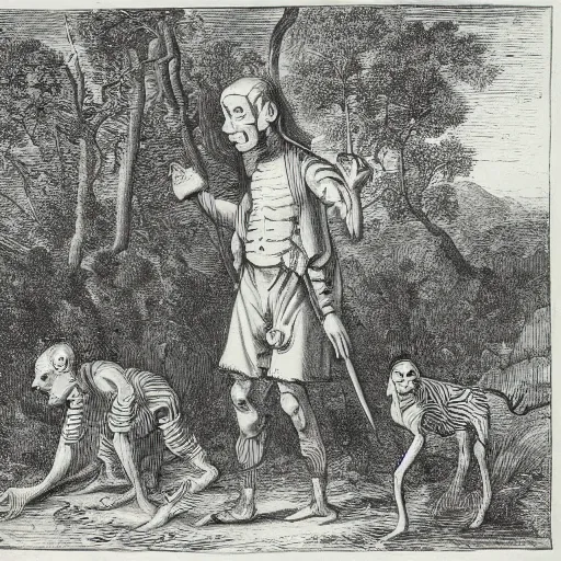 Prompt: A colonial zombie standing in the middle of the jungle, engraving, ink, black and white, 17th century