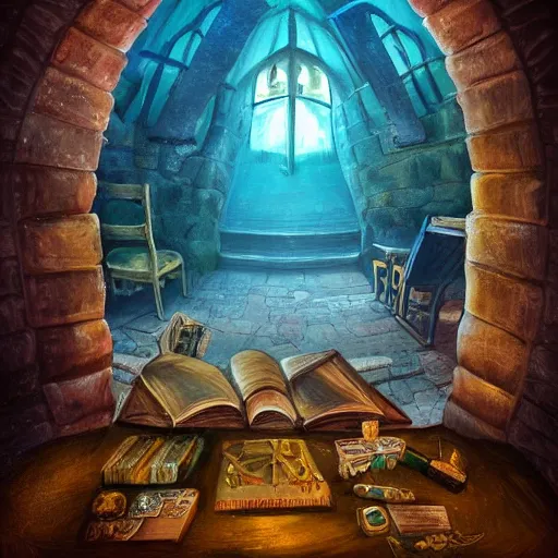 Image similar to A picture o a school of magic located in an old castle at the sea