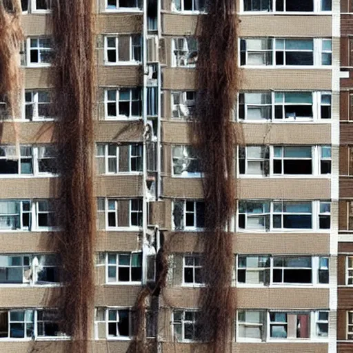 Image similar to a woman's hair grows from all the windows and doors of large apartment building, the hair reaches the ground, rendered