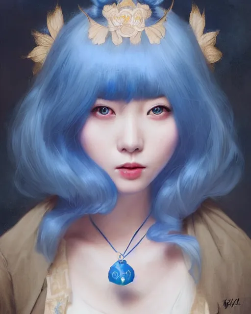 Image similar to symmetrical portrait of a pretty korean girl with blue hair dressed as alice in wonderland, digital painting, 8 k, concept art, art by wlop, artgerm, greg rutkowski and alphonse mucha