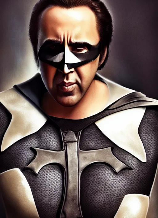 Image similar to promotional image of nicolas cage dressed as batman, smooth, trending on artstation, promotional artwork, film still, elegant, photorealistic facial features, intricate, detailed face, cinematic lighting