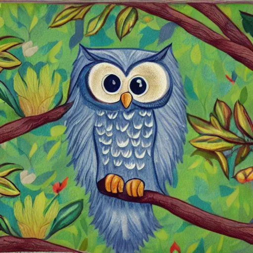 Prompt: an anthropomorphic owl in a lush forest