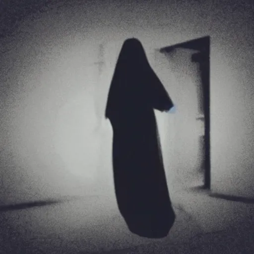 Image similar to A selfie of a woman in a dark room, with a spooky filter applied, with a figure in the background, in a Halloween style.