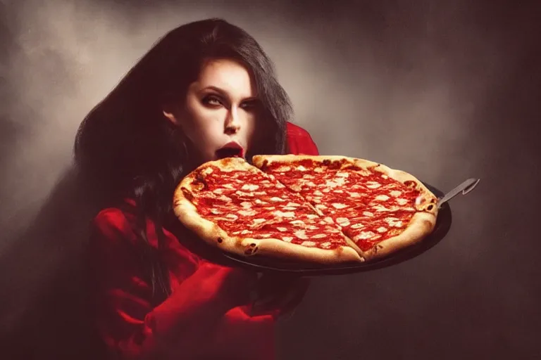 Image similar to A vampire eating a delicious pizza, studio portrait, dramatic lighting, trending on artstation