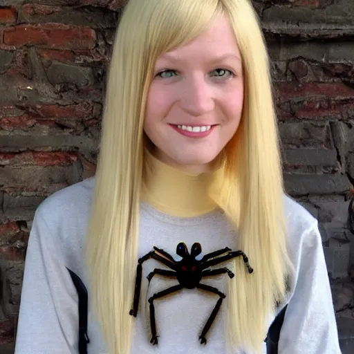 Image similar to a giant spider with tall skinny legs covered in a mop of uniform blonde hair