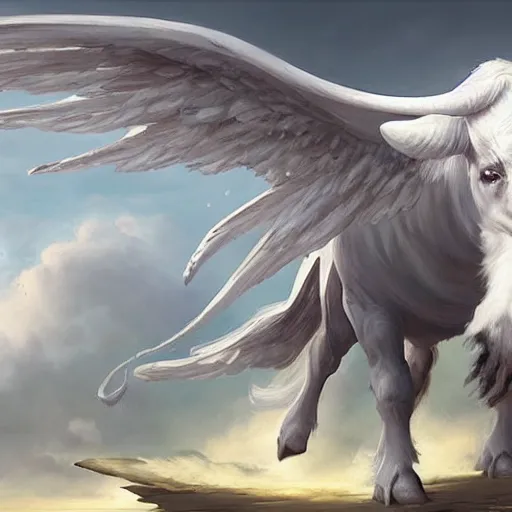 Image similar to a white bull with angelic wings, epic fantasy digital art, fantasy style art, by Greg Rutkowski, fantasy hearthstone card art style