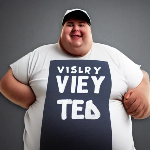 Image similar to very obese man with a t-shirt and a cap with the letter P, writing on a book