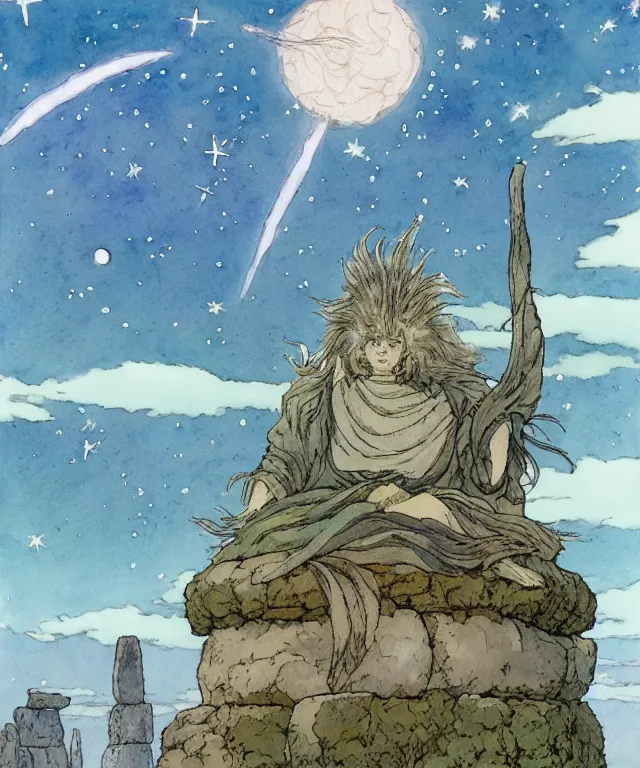 Prompt: a hyperrealist studio ghibli watercolor fantasy concept art. in the foreground is a giant long haired grey warlock sitting in lotus position on top of stonehenge with shooting stars all over the sky in the background. by rebecca guay, michael kaluta, charles vess