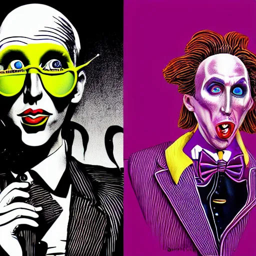 Prompt: graphic illustration, creative design, willy wonka with marilyn manson, biopunk, francis bacon, highly detailed, hunter s thompson, concept art
