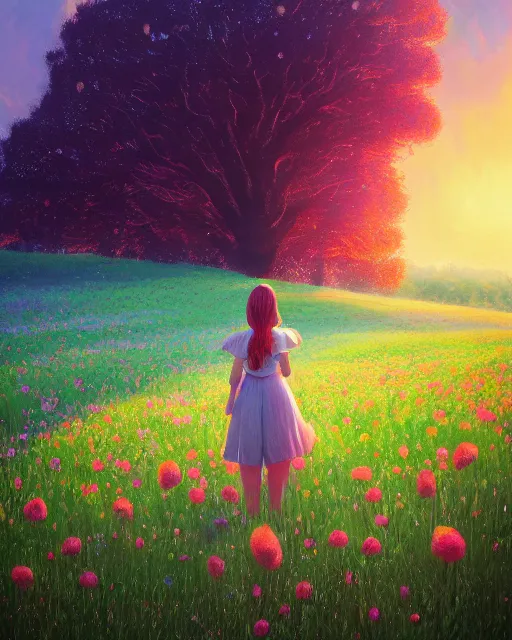 Image similar to girl with giant flower as a face and flower dress, standing in a flower field hills, big trees, sunrise dramatic light, impressionist painting, colorful clouds, digital painting, pointillism, artstation, simon stalenhag