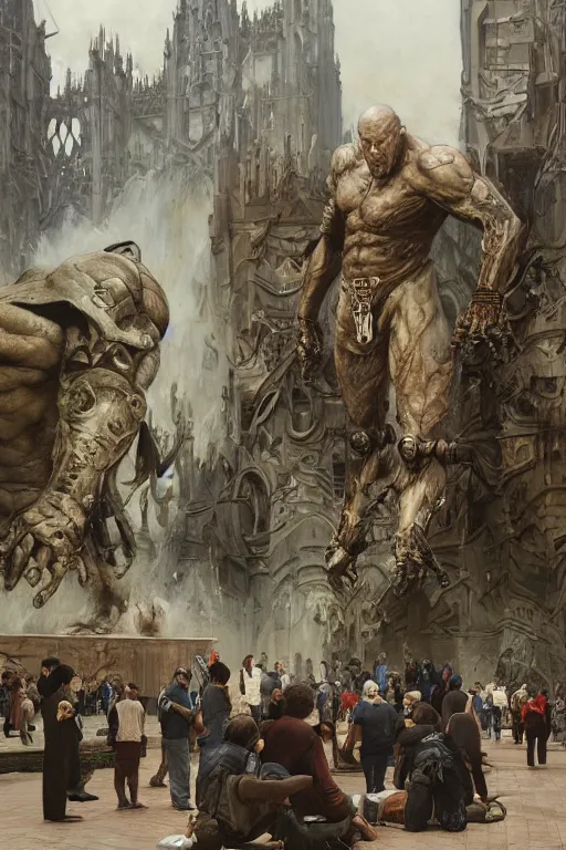 Image similar to scientists in a plaza observe a martyn ford as a huge bipedal brute wearing armour, painted by ruan jia, raymond swanland, lawrence alma tadema, zdzislaw beksinski, norman rockwell, jack kirby, tom lovell, alex malveda, greg staples