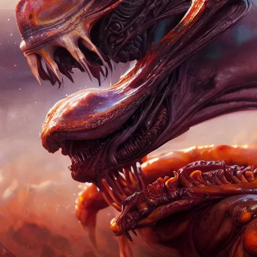 Image similar to A close up shot of a table-spread of amazing Alien food of strange things hot and fresh and steaming, ultra high detailed, oil painting, Greg Rutkowski, Charlie Bowater, Yuumei, Yanjun Cheng, unreal 5, DAZ, hyperrealistic, octane render, RPG portrait, dynamic lighting, fantasy art, beautiful