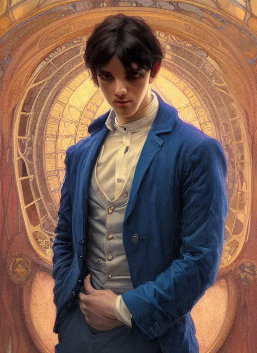 Image similar to handsome young man with short black hair, male, dressed in blue, looking down, half body shot, arms down, path traced, highly detailed, high quality, digital painting, bastien lecouffe - deharme, alphonse mucha, art nouveau