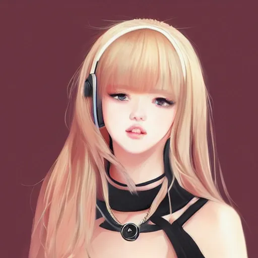 Image similar to realistic beautiful gorgeous natural cute Blackpink Lalisa Manoban blonde hair cute fur blonde cat ears, wearing camisole, wearing headphones, wearing black leather choker artwork drawn full HD 4K highest quality in artstyle by professional artists WLOP, Taejune Kim, Guweiz on Artstation Pixiv