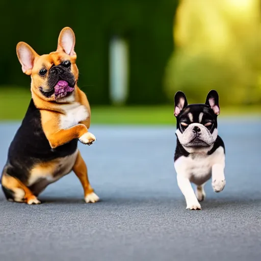 Image similar to a photo of french bulldog highfiving a shiba inu wearing a business suit, photorealistic, nikon d 7 8 0, high definition, sharp focus, bokeh, smooth, highly detailed, espn sports photography