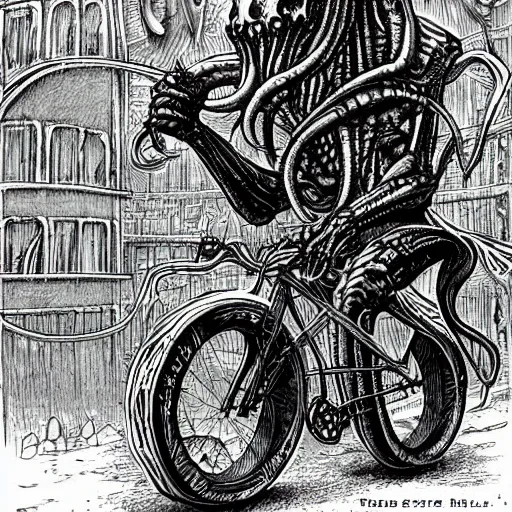 Image similar to cthulhu rides his single speed bicycle to work in a detailed hellscape, hr giger illustration