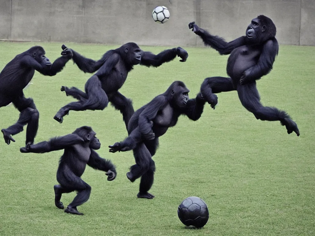 Image similar to a gorilla kicking a ball towards the rival goal, vivid