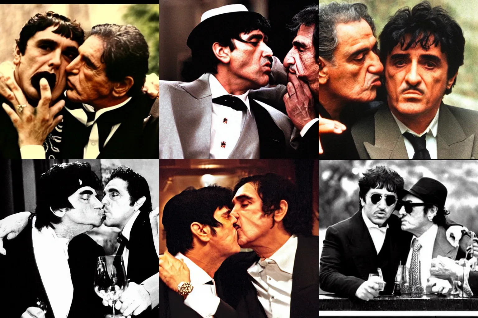 Prompt: Tony Montana and Vito Corleone kissing, its very gangster though, 8k,