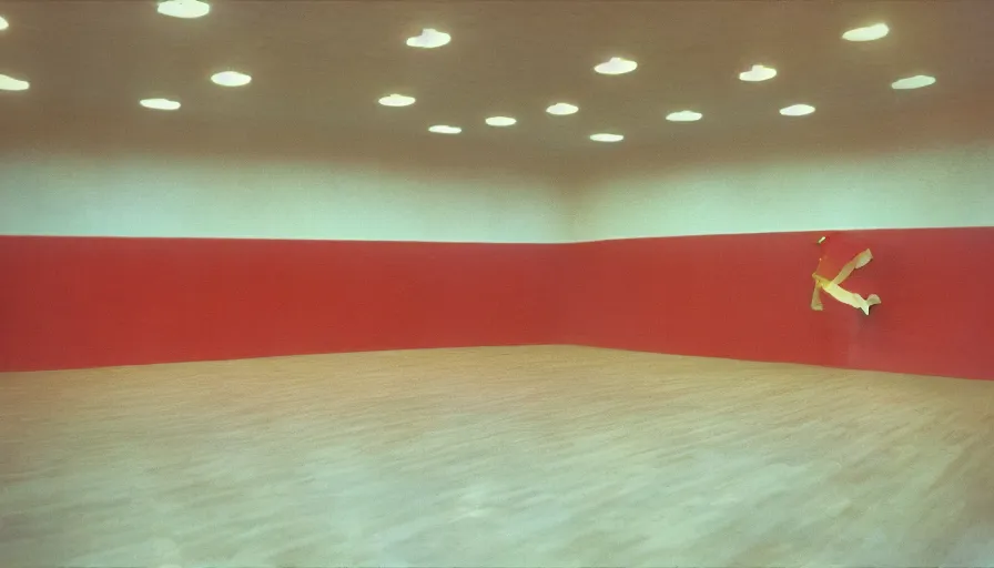 Image similar to 60s movie still of a sovietic stalinist style wide empty ballroom with USSR's flags, cinestill 800t 50mm eastmancolor, liminal Space style, heavy grain-s 150