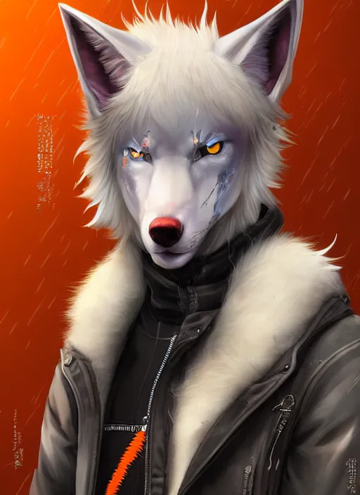 Image similar to award winning beautiful portrait commission of a male furry anthro albino wolf fursona with a tail and a cute beautiful attractive detailed furry face wearing stylish black and orange biker clothes in a cyberpunk city at night while it rains. Character design by charlie bowater, ross tran, artgerm, and makoto shinkai, detailed, inked, western comic book art